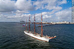 Vista aérea del buque escuela Sedov de la Armada rusa saliendo del puerto de Montevideo (2020) - Foto #73686