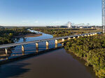 Vista aérea de los tres puentes sobre el río Olimar en la capital departamental, el carretero (Ruta 8), el local y el ferroviario - Foto #78343